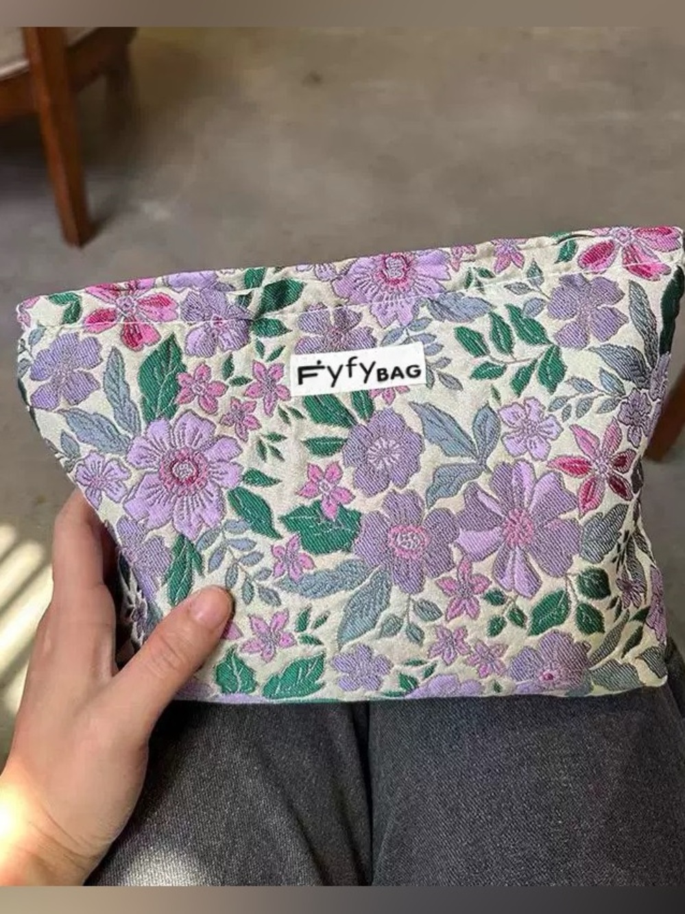 Floral Embroidered Lavender Cosmetic Pouch